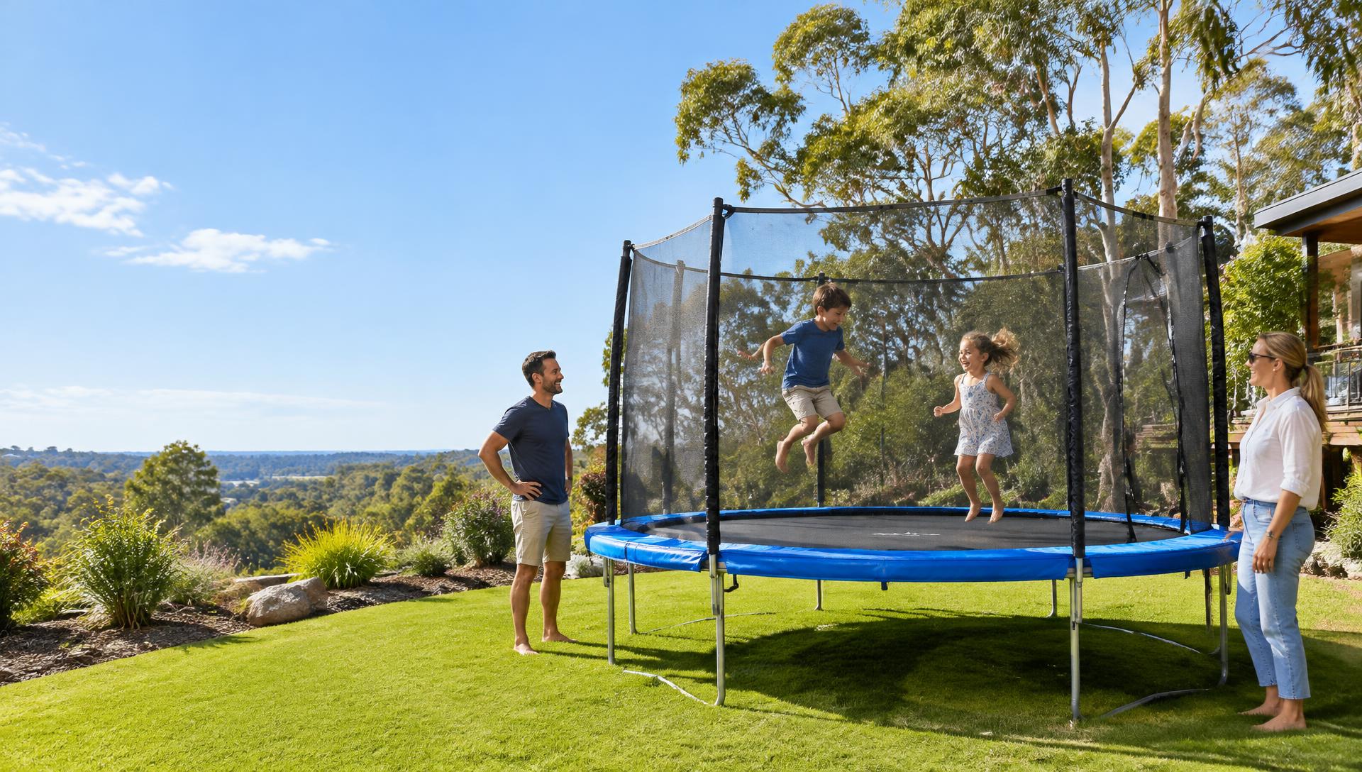 Australian family bouncing on a backyard trampoline